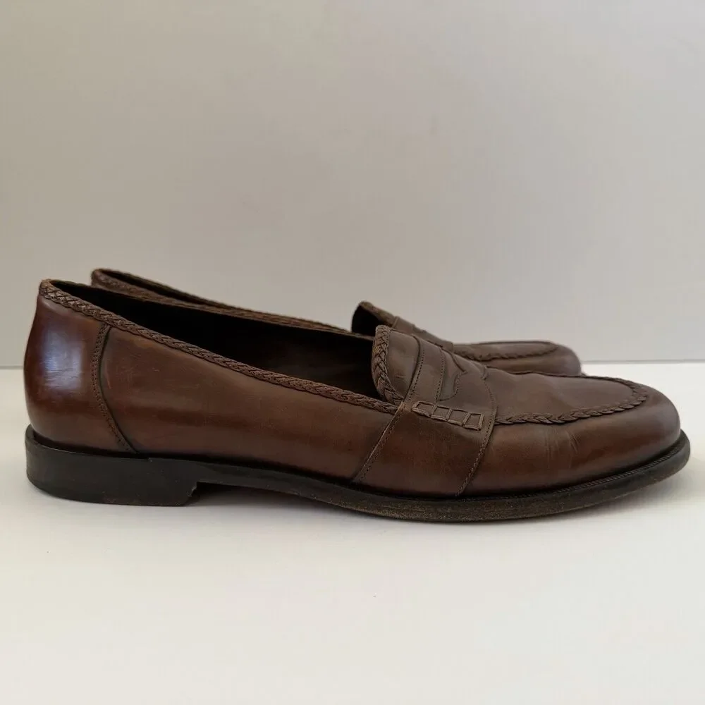 Bragano by Cole Haan Mens 11 M Brown Leather Penny Loafers Italy Braided
